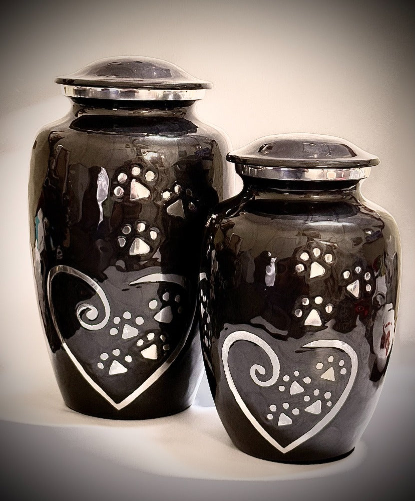 Black Aluminium Paw and Heart Pet Cremation Urn