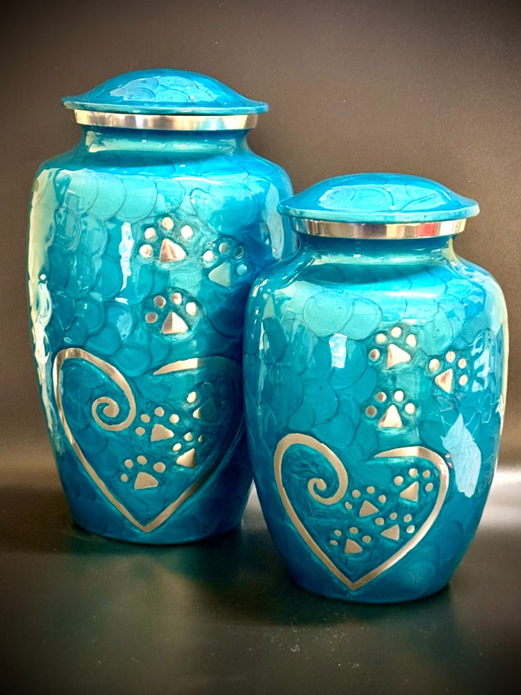 Blue Paw and Heart Print Aluminium Pet Urn