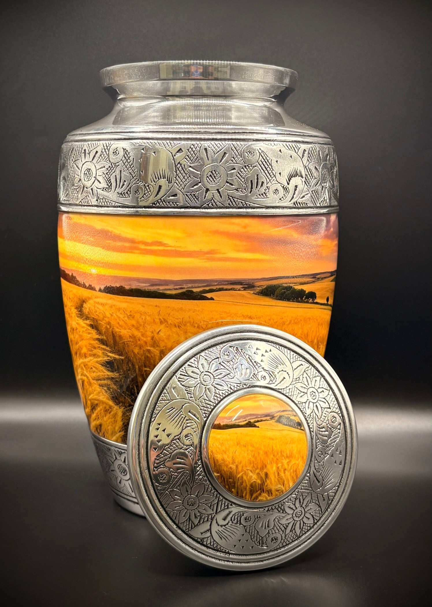 Golden Wheatfield Silver Engraved Adult Cremation Urn