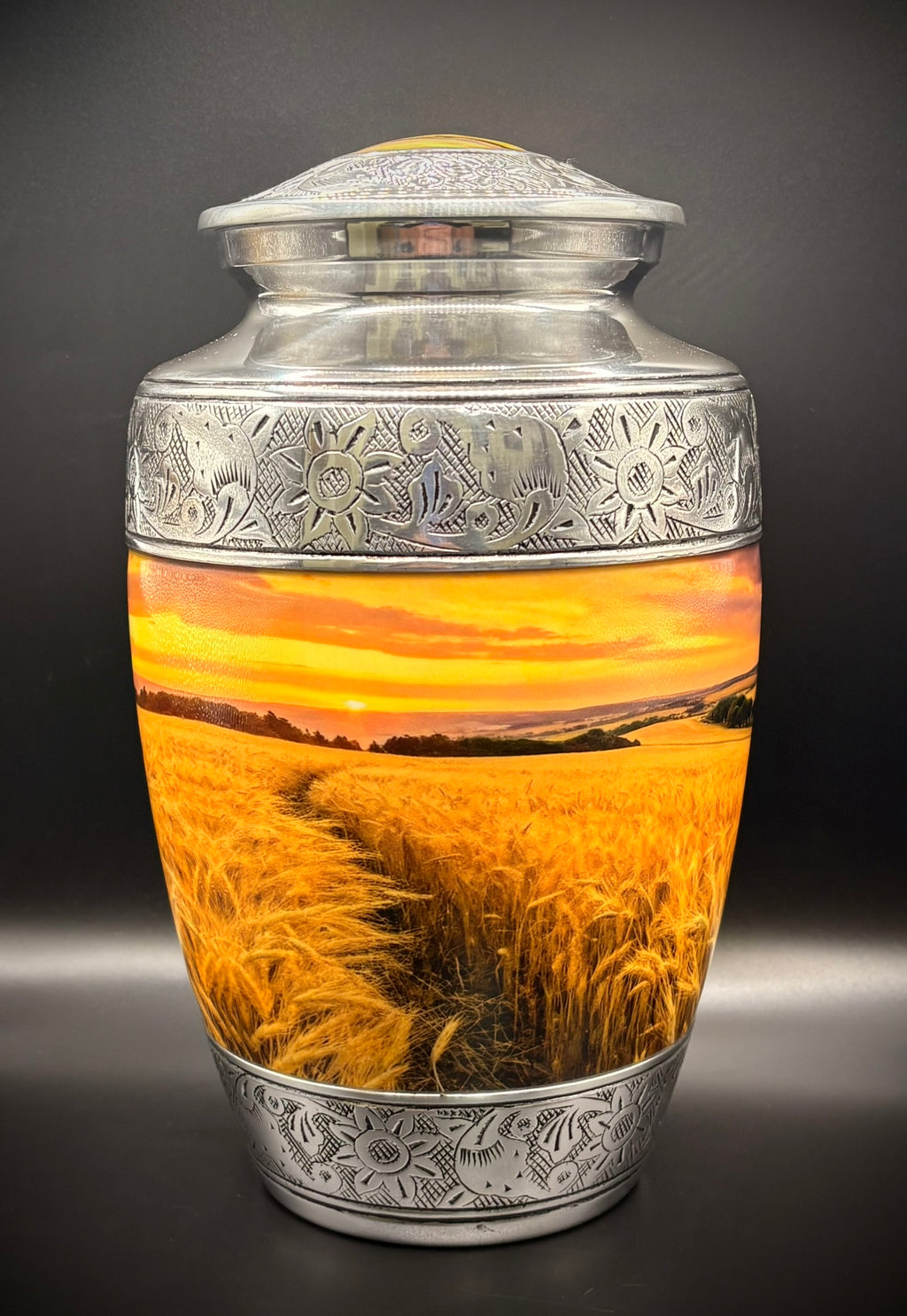 Golden Wheatfield Silver Engraved Adult Cremation Urn
