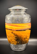 Golden Wheatfield Silver Engraved Adult Cremation Urn